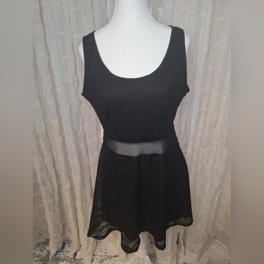 Forever 21 Y2K Vintage Black Chevron Mesh Panel Skater Fit & Flare Mini Dress XL